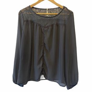 LEIGHT Grey Sheer Blouse Lace Top Long Sleeve M